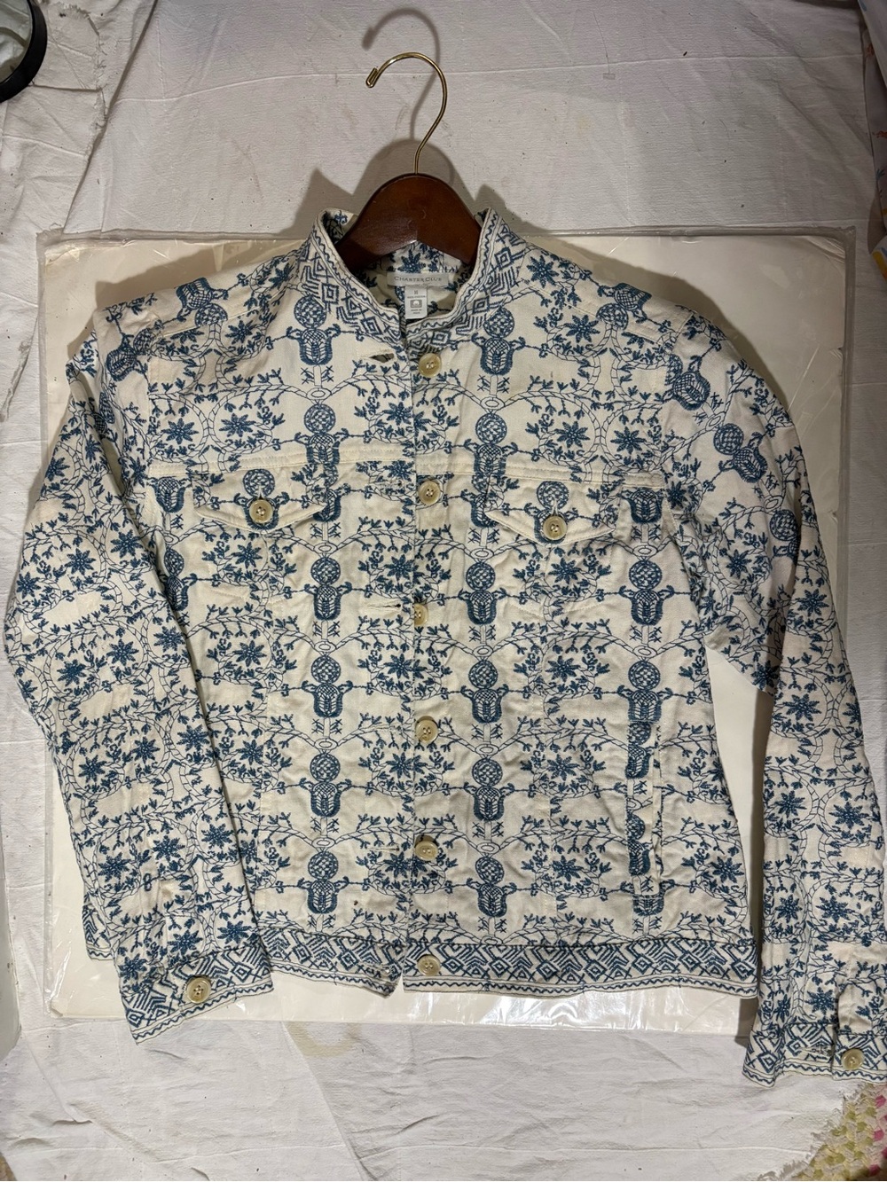Charter Club Cream Jacket with Blue Embroidered Pattern 100% cotton